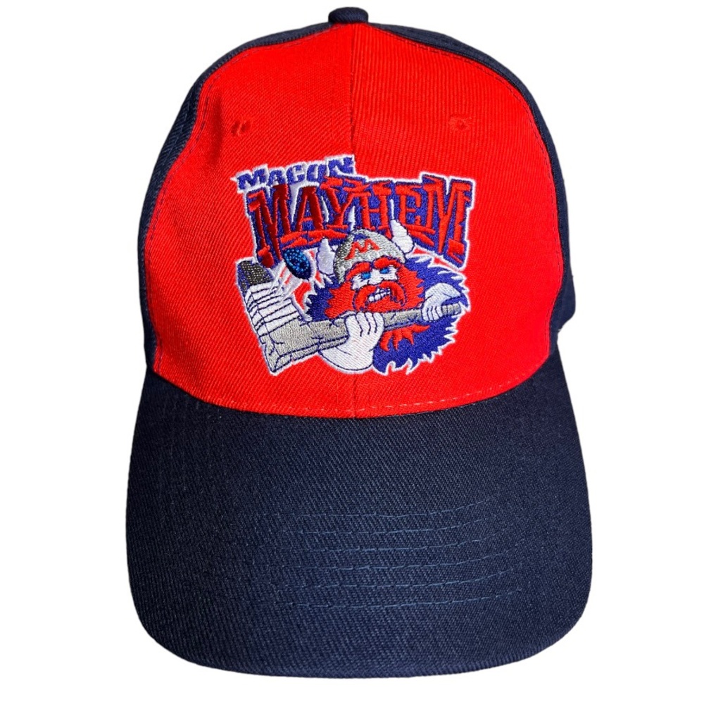 NWOT Macon Mayhem Red Blue Hockey Hat Cap Hook and Loop Back Closure